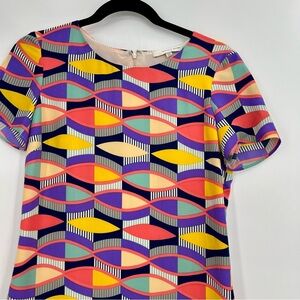 Lavender Brown Retro Multicolor Short Sleeve Mini Dress Shift Geometric XS
